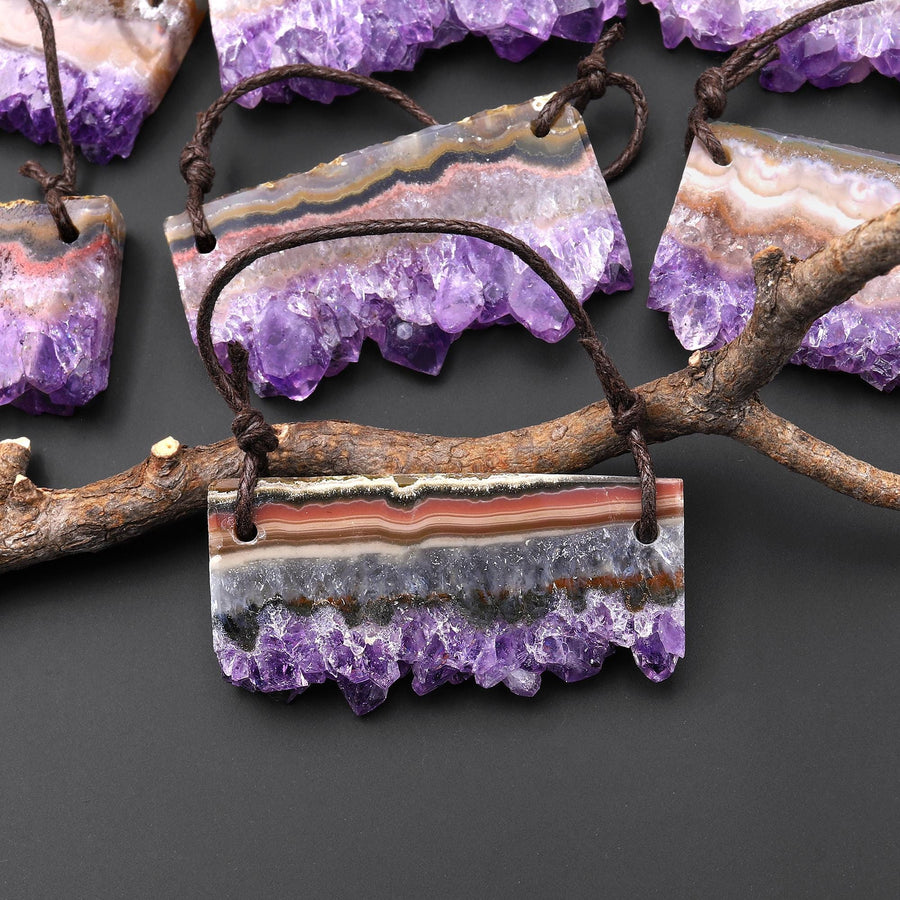Two 2 Hole Pendant Natural Purple Amethyst Stalactite Crystal Flat Thin Slice Long Rectangle A3