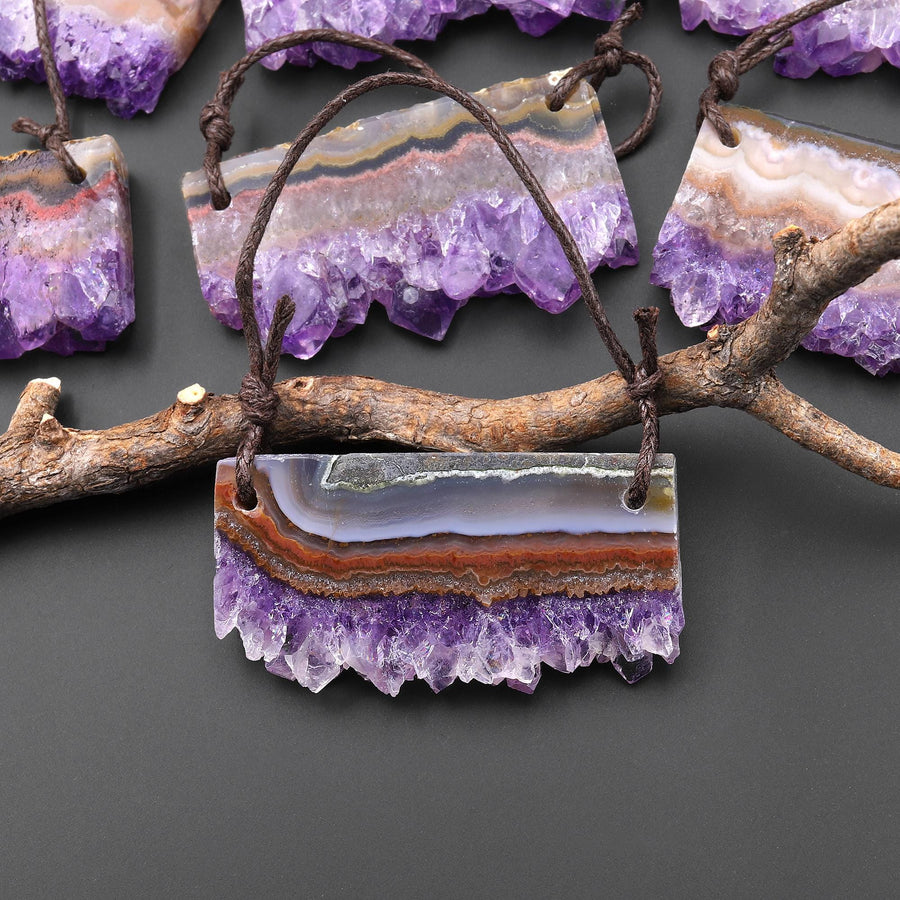 Two 2 Hole Pendant Natural Purple Amethyst Stalactite Crystal Flat Thin Slice Long Rectangle A5