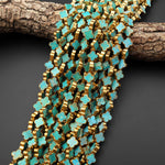 Genuine Natural Blue Green Turquoise Gold Copper Edging 4 Four Leaf Clover 10mm 12mm 14mm Beads Choose from 5pcs, 10pcs, Full 16" Strand