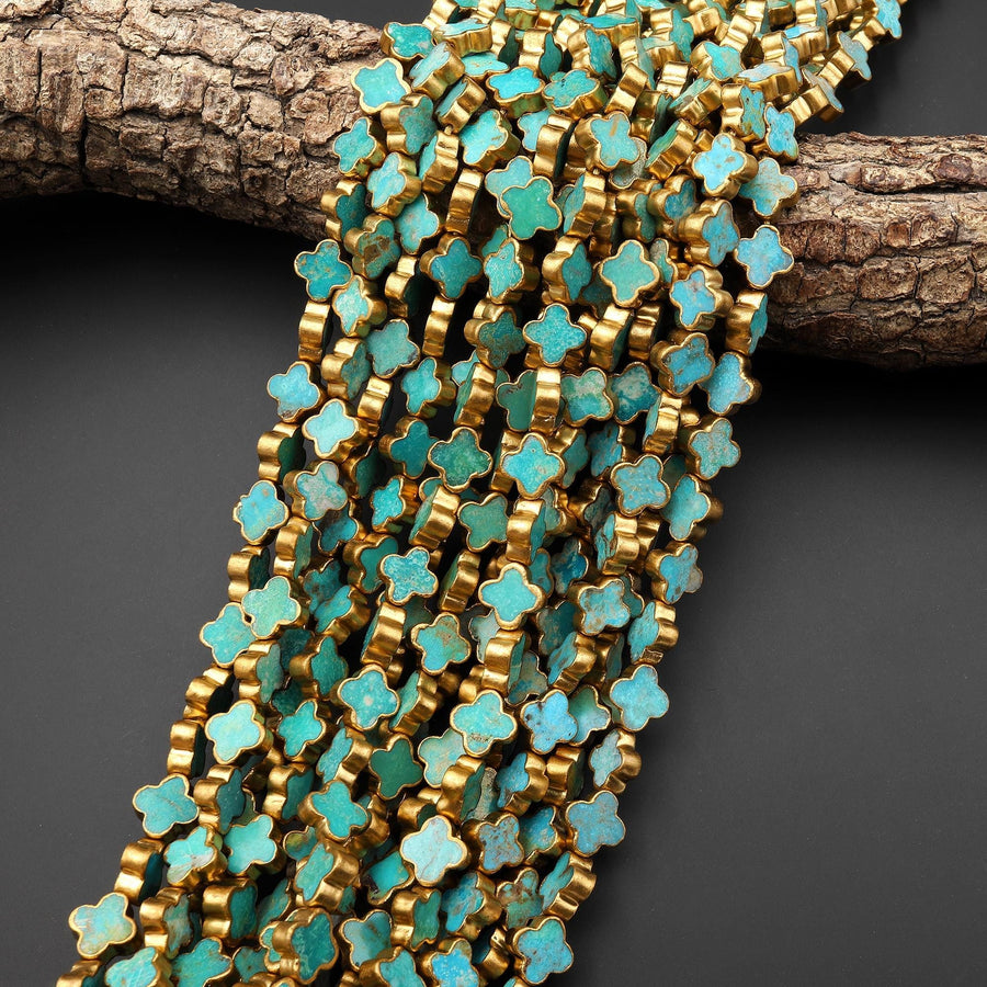 Genuine Natural Blue Green Turquoise Gold Copper Edging 4 Four Leaf Clover 10mm 12mm 14mm Beads Choose from 5pcs, 10pcs, Full 16" Strand