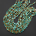 Genuine Natural Blue Green Turquoise Gold Copper Edging 4 Four Leaf Clover 10mm 12mm 14mm Beads Choose from 5pcs, 10pcs, Full 16" Strand