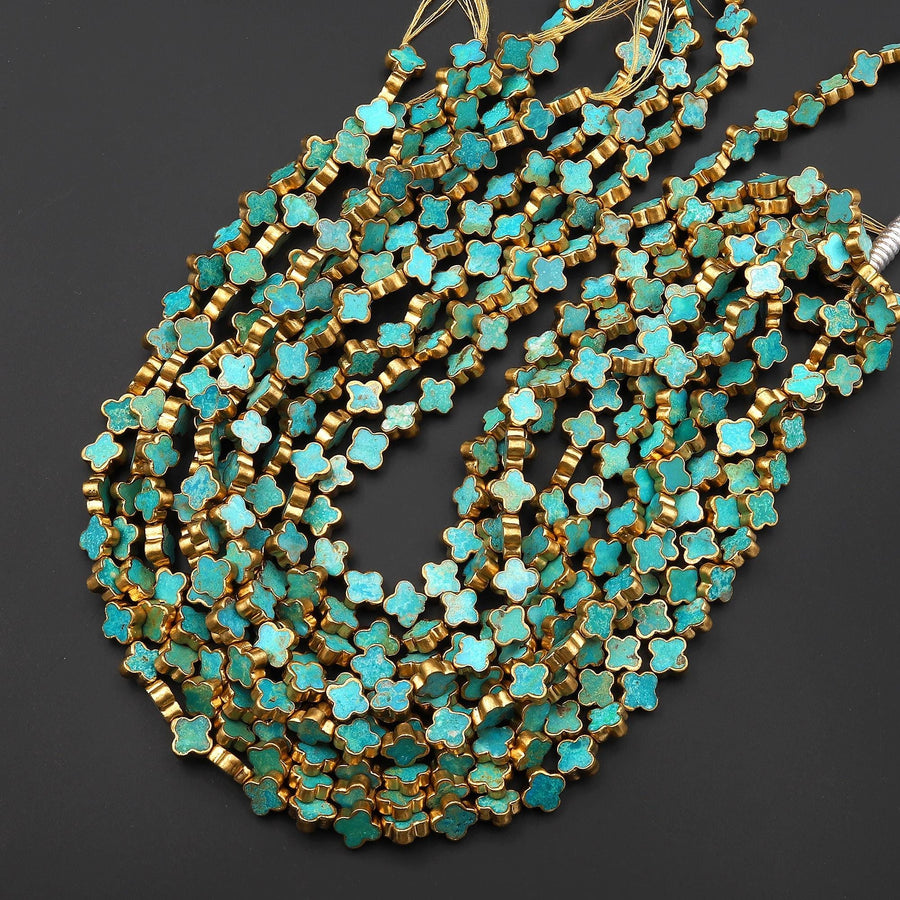Genuine Natural Blue Green Turquoise Gold Copper Edging 4 Four Leaf Clover 10mm 12mm 14mm Beads Choose from 5pcs, 10pcs, Full 16" Strand