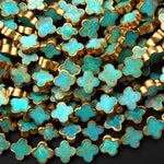 Genuine Natural Blue Green Turquoise Gold Copper Edging 4 Four Leaf Clover 10mm 12mm 14mm Beads Choose from 5pcs, 10pcs, Full 16" Strand