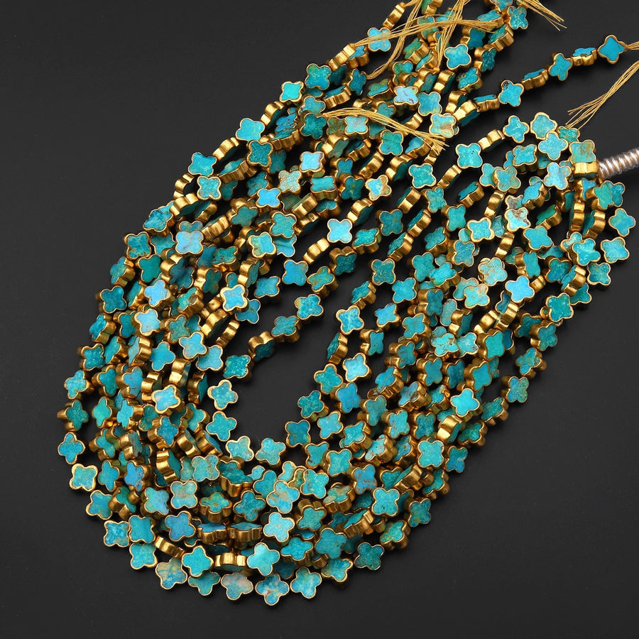 Genuine Natural Blue Turquoise Gold Copper Edging 4 Four Leaf Clover 10mm 12mm Beads Choose from 5pcs, 10pcs, Full 16" Strand
