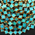 Genuine Natural Blue Turquoise Gold Copper Edging 4 Four Leaf Clover 10mm 12mm Beads Choose from 5pcs, 10pcs, Full 16" Strand