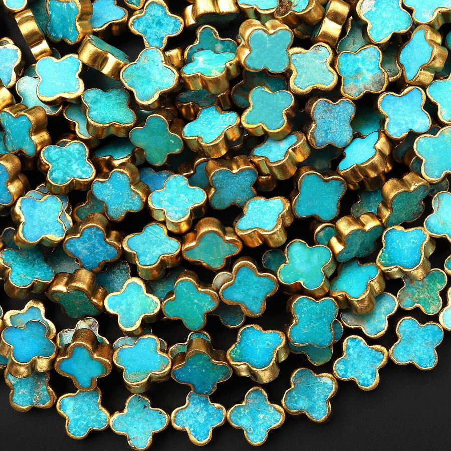 Genuine Natural Blue Turquoise Gold Copper Edging 4 Four Leaf Clover 10mm 12mm Beads Choose from 5pcs, 10pcs, Full 16" Strand