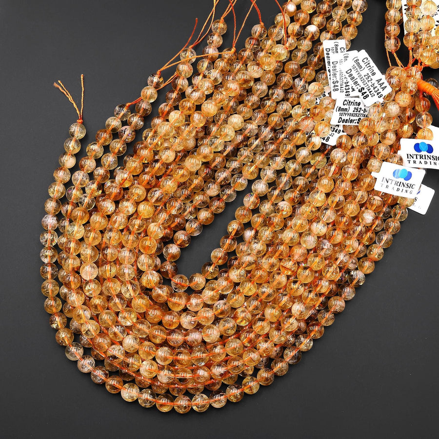 AAA Natural Golden Citrine 6mm 8mm 10mm Smooth Round Beads Gemstone 15.5" Strand B4349