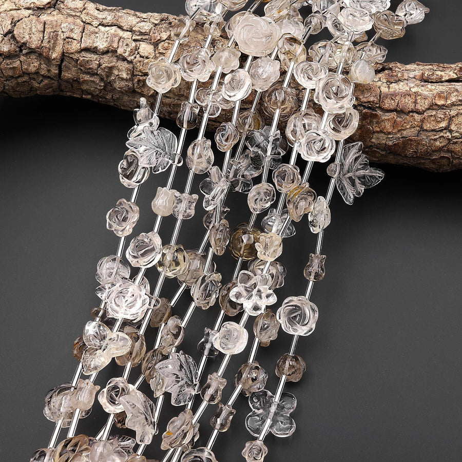 Natural Smoky Quartz Lily Rose Flower Leaf Beads Drilled Gemstone 15.5" Strand