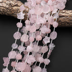 Matte Carved Natural Pink Rose Quartz Tulip Lily Rose Flower Leaf Beads Drilled Gemstone 15.5" Strand