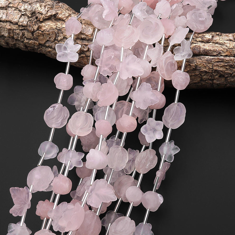 Matte Carved Natural Pink Rose Quartz Tulip Lily Rose Flower Leaf Beads Drilled Gemstone 15.5" Strand
