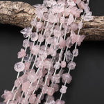 Hand Carved Natural Pink Rose Quartz Tulip Lily Rose Flower Leaf Beads Drilled Gemstone 15.5" Strand