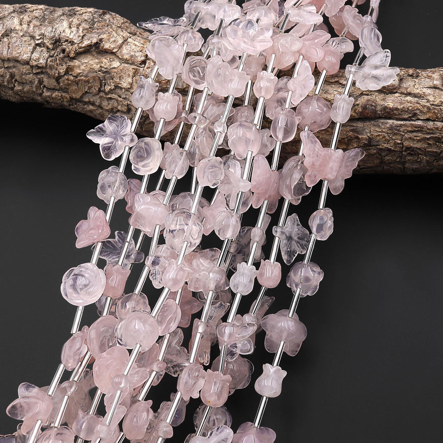 Hand Carved Natural Pink Rose Quartz Tulip Lily Rose Flower Leaf Beads Drilled Gemstone 15.5" Strand
