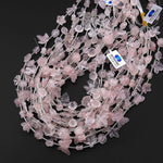 Hand Carved Natural Pink Rose Quartz Tulip Lily Rose Flower Leaf Beads Drilled Gemstone 15.5" Strand