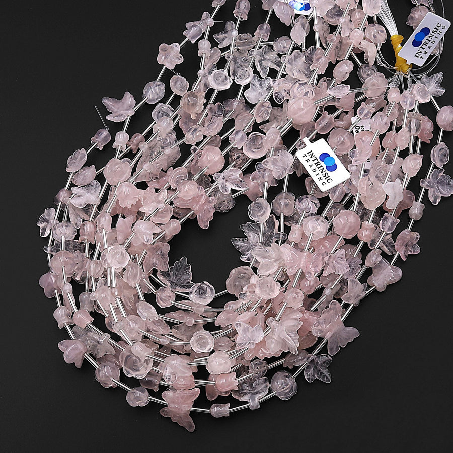 Hand Carved Natural Pink Rose Quartz Tulip Lily Rose Flower Leaf Beads Drilled Gemstone 15.5" Strand