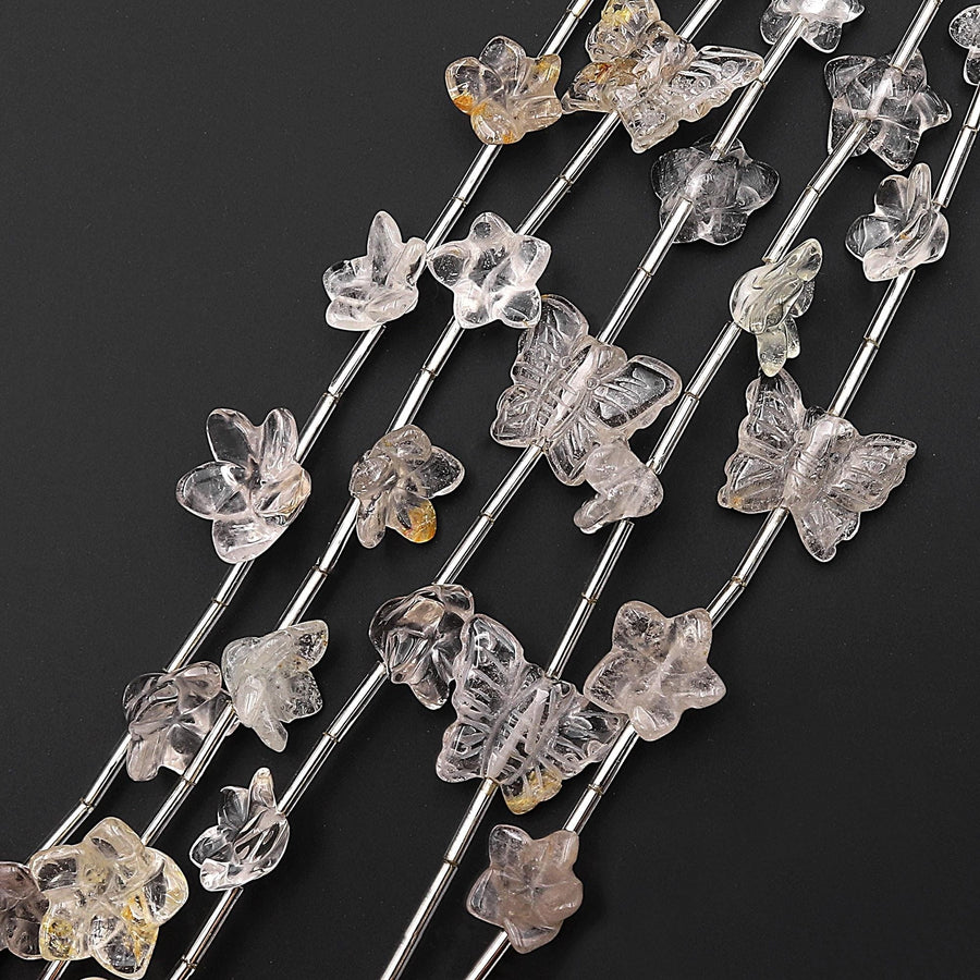 Natural Smoky Quartz Lily Flower Butterfly Beads Drilled Gemstone 15.5" Strand