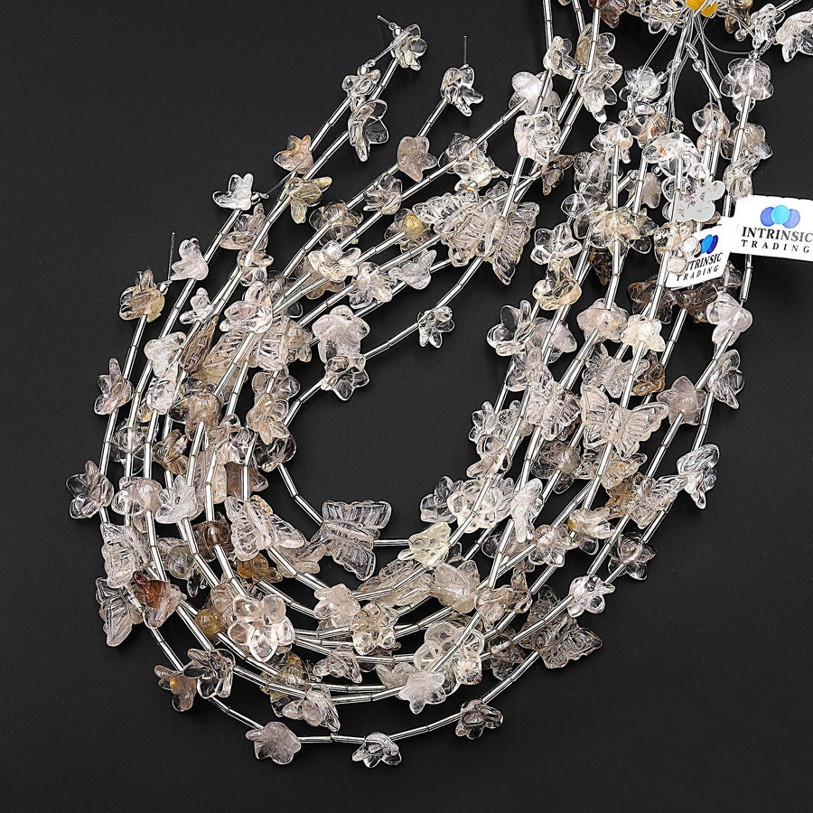 Natural Smoky Quartz Lily Flower Butterfly Beads Drilled Gemstone 15.5" Strand