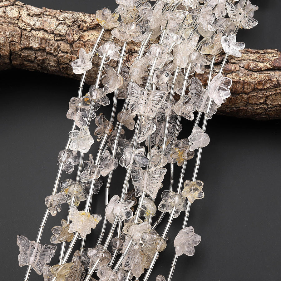 Natural Smoky Quartz Lily Flower Butterfly Beads Drilled Gemstone 15.5" Strand