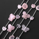 Natural Pink Rose Quartz Butterfly Rose Flower Heart Beads Center Drilled Gemstone 15.5" Strand