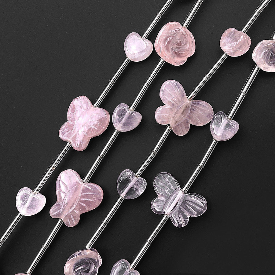 Natural Pink Rose Quartz Butterfly Rose Flower Heart Beads Center Drilled Gemstone 15.5" Strand