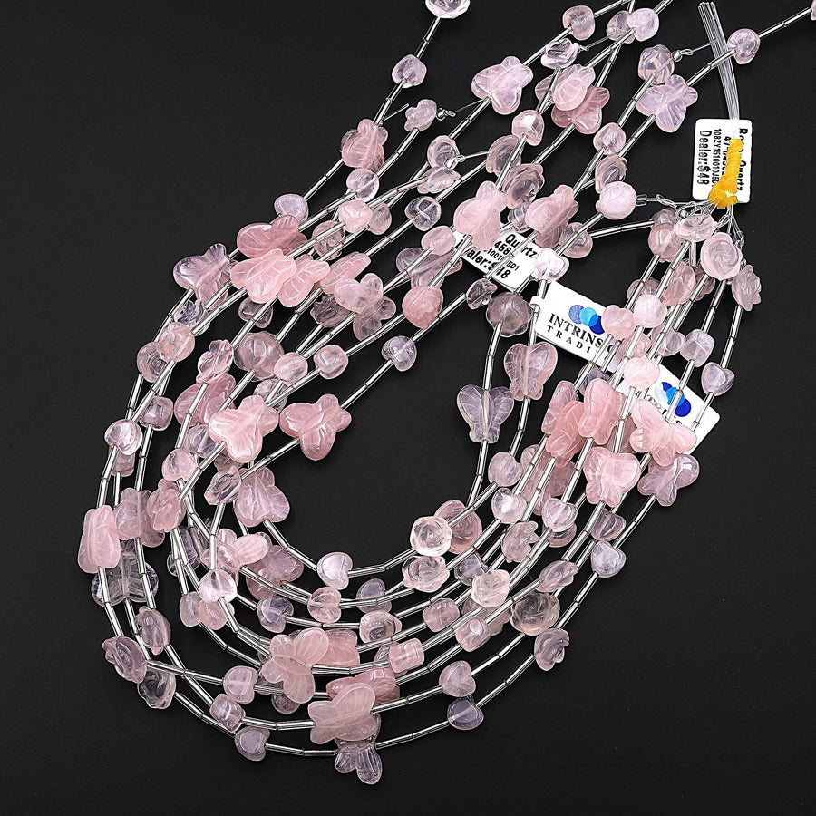 Natural Pink Rose Quartz Butterfly Rose Flower Heart Beads Center Drilled Gemstone 15.5" Strand