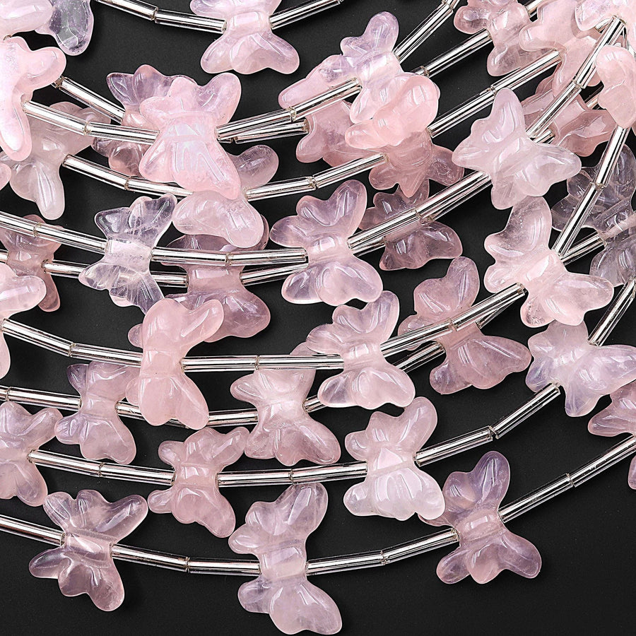 Natural Pink Rose Quartz Butterfly Ribbon Bow Beads Center Drilled Gemstone 15.5" Strand