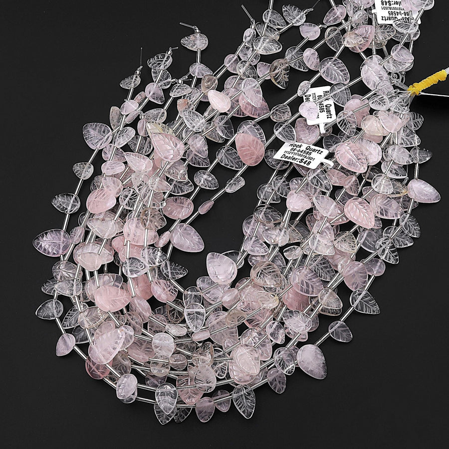 Natural Clear Rock Crystal Quartz Pink Rose Quartz Leaf Beads Top Side Drilled Gemstone 15.5" Strand