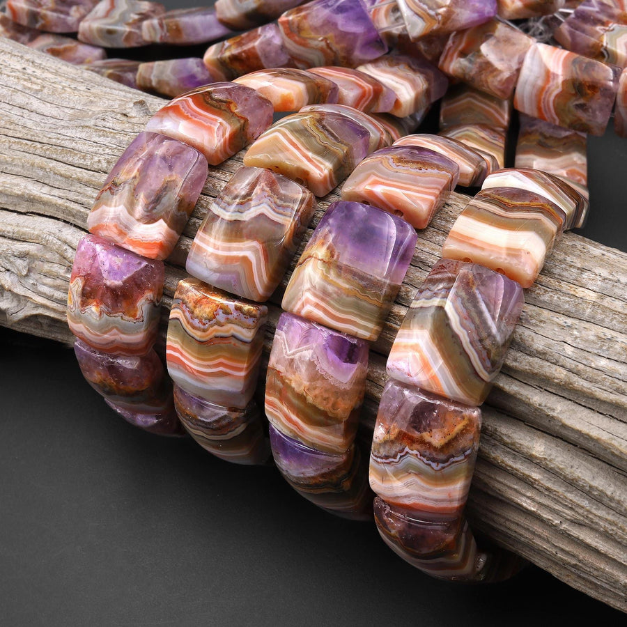 AAA Rare Natural Rainbow Amethyst Rectangle Tile Double Drilled Bracelet Beads Lacey Pattern 18x13mm 8" Strand B1627