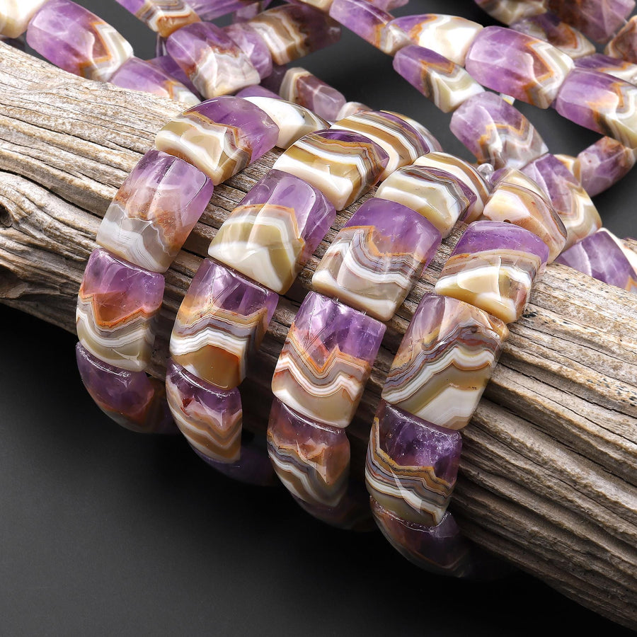 AAA Rare Natural Rainbow Amethyst Rectangle Tile Double Drilled Bracelet Beads Lacey Pattern 18x13mm 8" Strand B1628