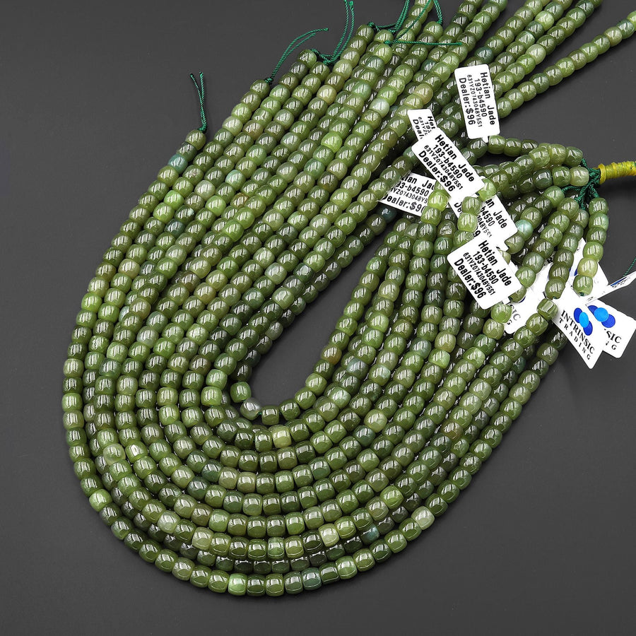 AAA Real Genuine Natural Sage Green Jade Smooth 8x7mm Barrel Drum Short Cylinder Beads 15.5" Strand B4619