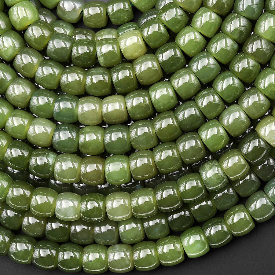 AAA Real Genuine Natural Sage Green Jade Smooth 8x7mm Barrel Drum Short Cylinder Beads 15.5" Strand B4619