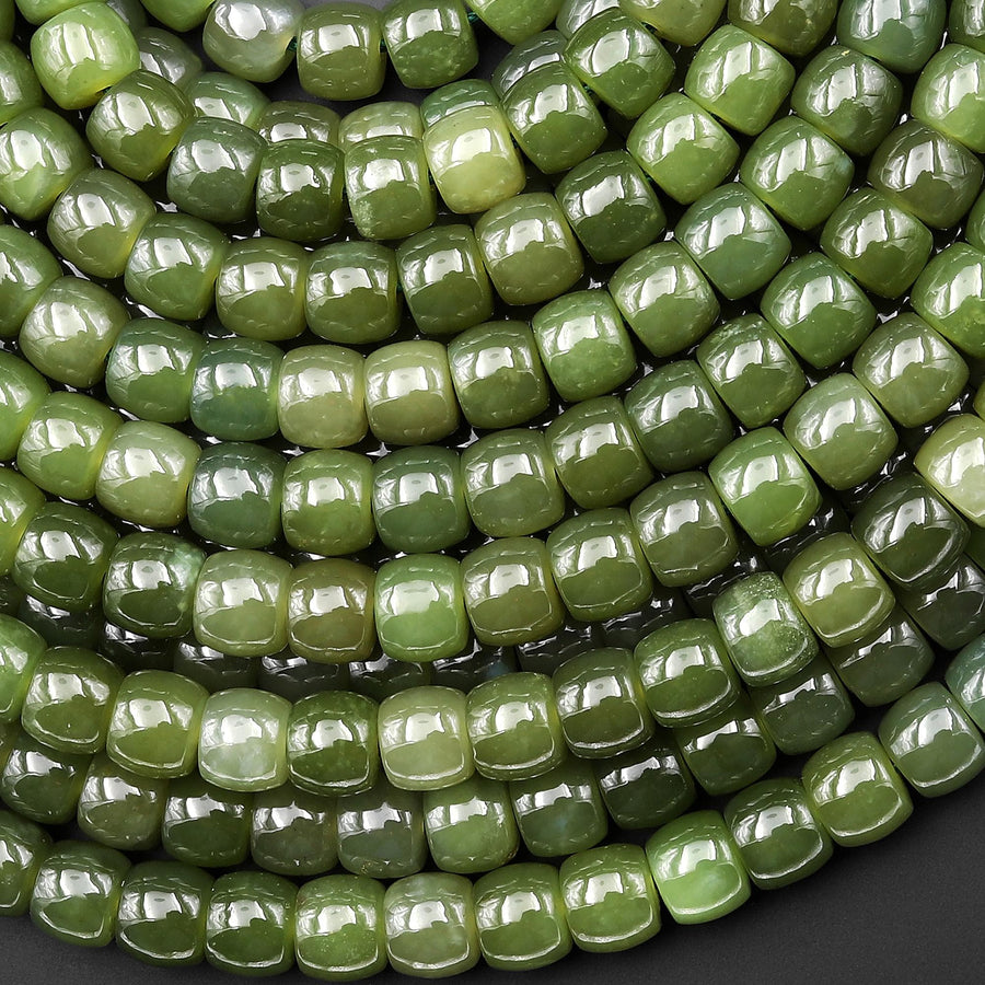 AAA Real Genuine Natural Forest Green Jade Smooth 7x6mm Barrel Drum Short Cylinder Beads 15.5" Strand