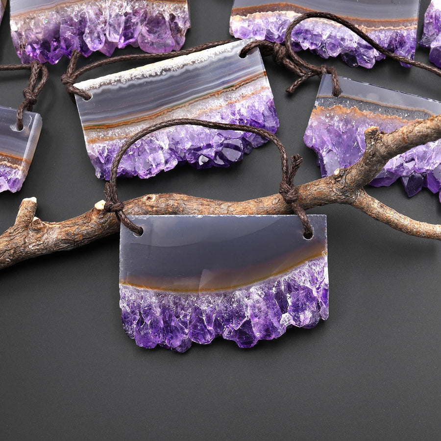 Two 2 Hole Pendant Natural Purple Amethyst Smoky Quartz Stalactite Crystal Flat Thin Slice Long Rectangle A1