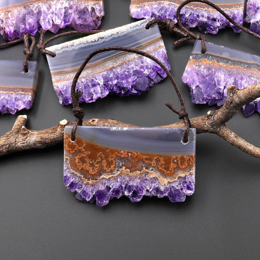 Two 2 Hole Pendant Natural Purple Amethyst Smoky Quartz Stalactite Crystal Flat Thin Slice Long Rectangle A3