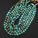 Genuine 100% Natural Blue Green Turquoise Gold Copper Edging Coin Beads Choose from 5pcs, 10pcs 15.5" Strand