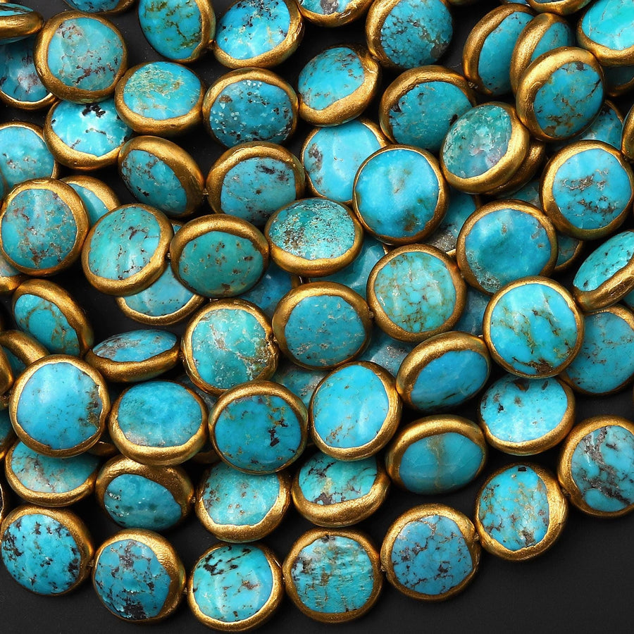 Genuine 100% Natural Blue Green Turquoise Gold Copper Edging Coin Beads Choose from 5pcs, 10pcs 15.5" Strand