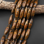 AAA Large Natural Tiger Iron Long Cylinder Drum Tube Beads 15.5" Strand
