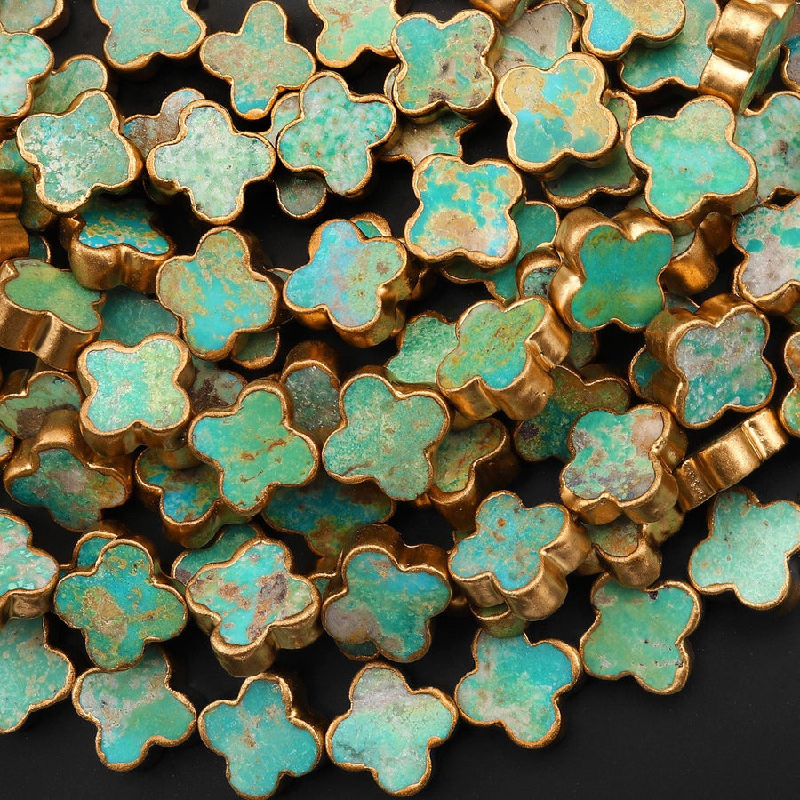 Genuine Natural Green Golden Brown Turquoise Gold Copper Edging 4 Four Leaf Clover 12mm 14mm Beads Choose from 5pcs, 10pcs, Full 16" Strand