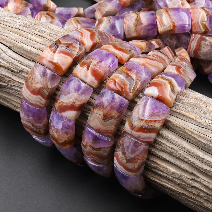 AAA Rare Natural Rainbow Amethyst Rectangle Tile Double Drilled Bracelet Beads Red Lacey Pattern 18x13mm 8" Strand