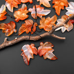 Hand Carved Natural Carnelian Maple Leaf Earring Pair Drilled Gemstone Matched Beads