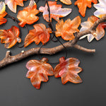 Hand Carved Natural Carnelian Maple Leaf Earring Pair Drilled Gemstone Matched Beads