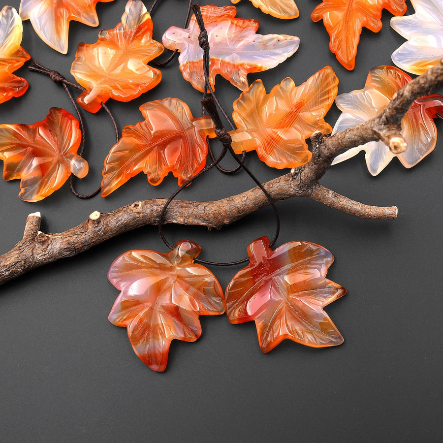 Hand Carved Natural Carnelian Maple Leaf Earring Pair Drilled Gemstone Matched Beads