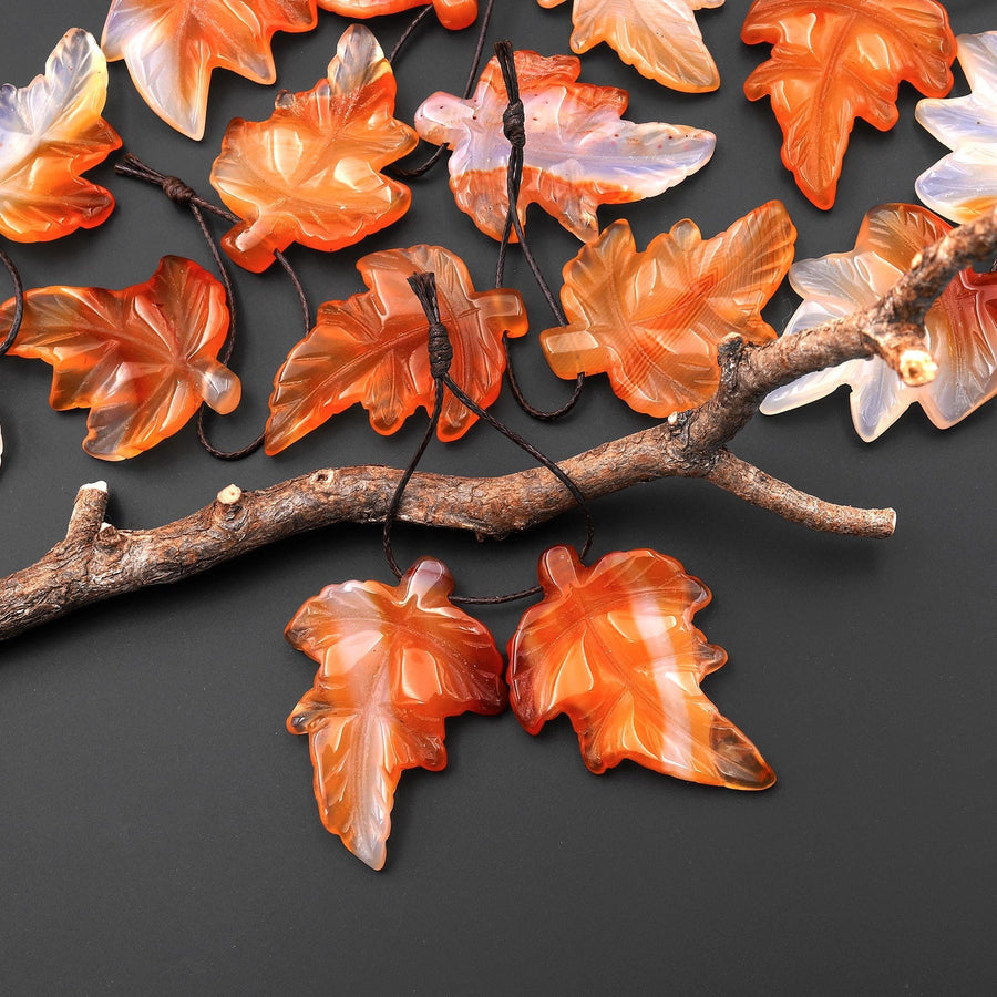 Hand Carved Natural Carnelian Maple Leaf Earring Pair Drilled Gemstone Matched Beads A4