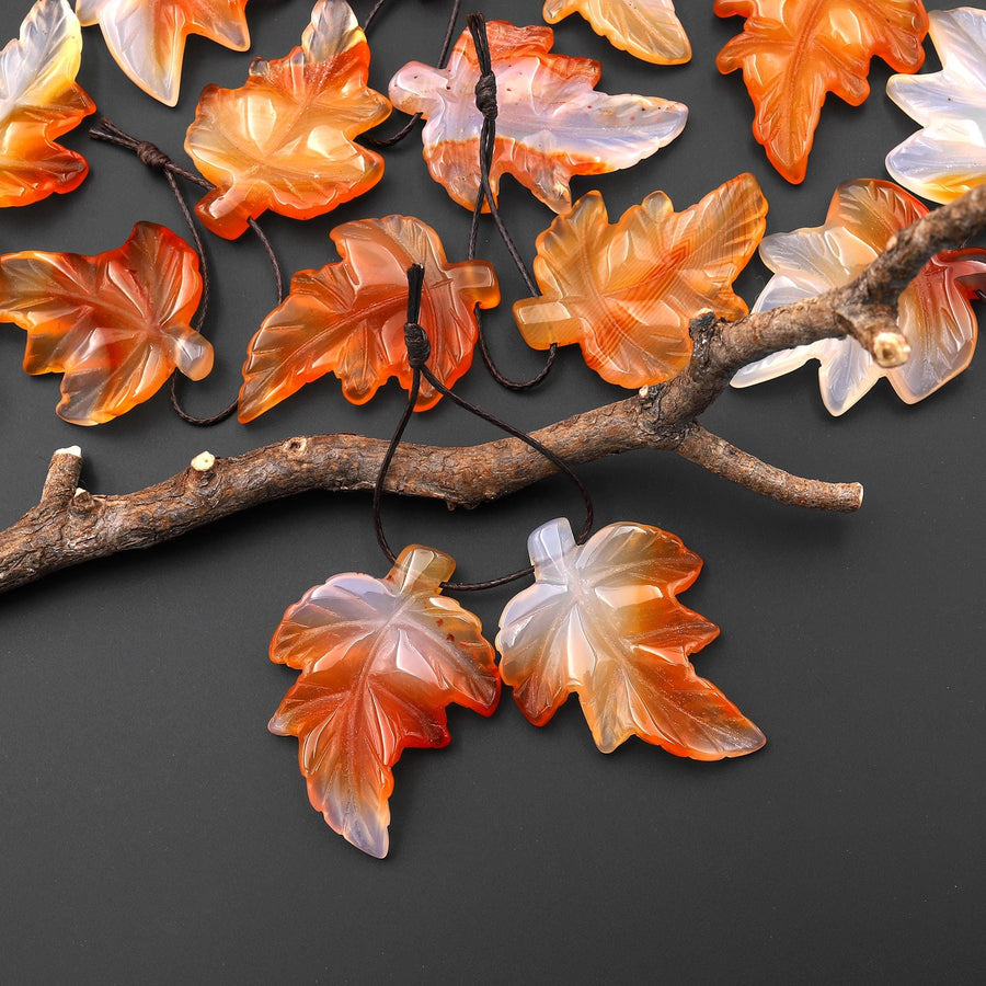 Hand Carved Natural Carnelian Maple Leaf Earring Pair Drilled Gemstone Matched Beads A6