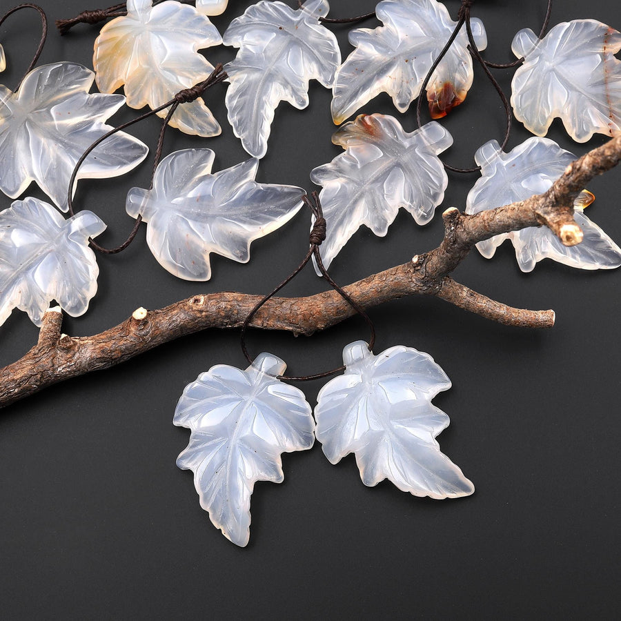 Hand Carved Natural Creamy White Carnelian Maple Leaf Earring Pair Drilled Gemstone Matched Beads