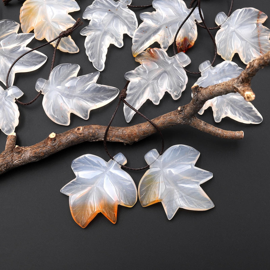 Hand Carved Natural Creamy White Carnelian Maple Leaf Earring Pair Drilled Gemstone Matched Beads