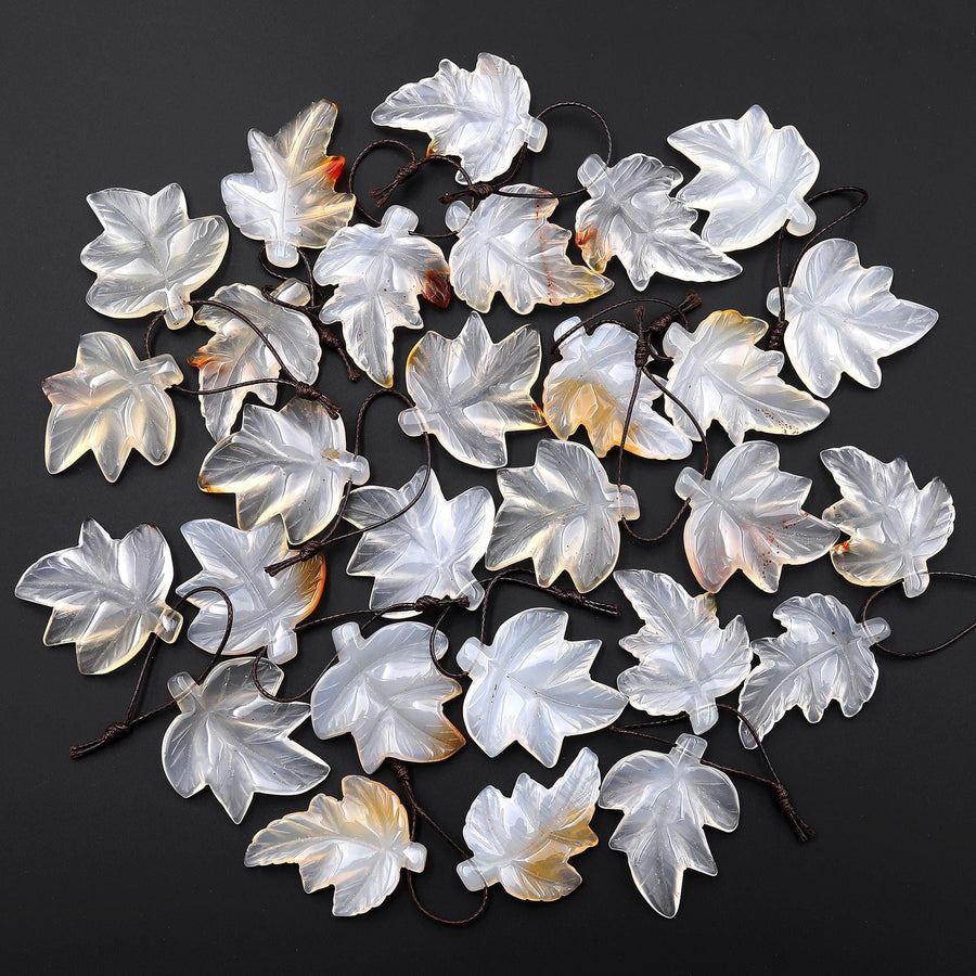 Hand Carved Natural Creamy White Carnelian Maple Leaf Earring Pair Drilled Gemstone Matched Beads