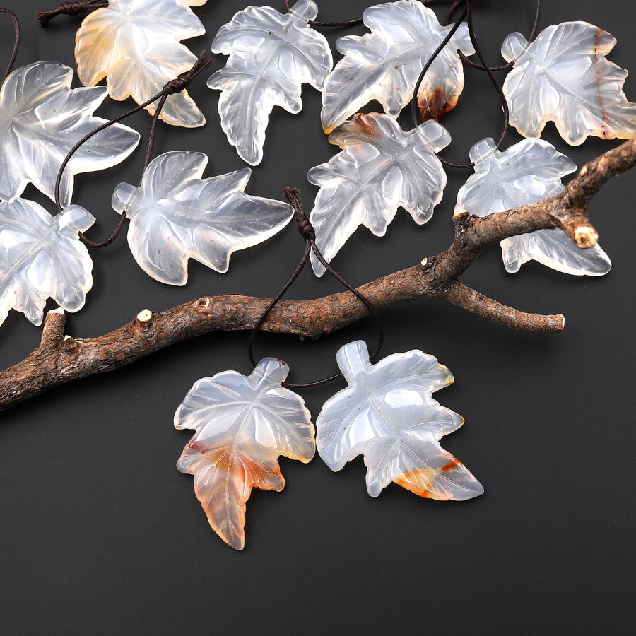 Hand Carved Natural Creamy White Carnelian Maple Leaf Earring Pair Drilled Gemstone Matched Beads A2