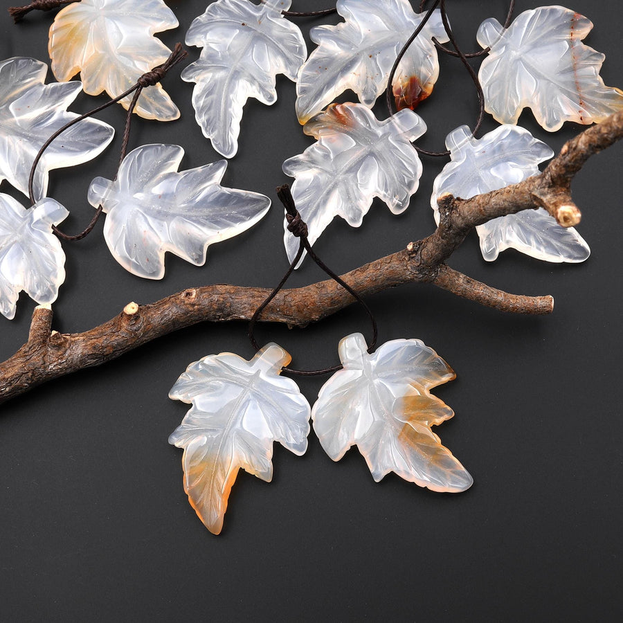 Hand Carved Natural Creamy White Carnelian Maple Leaf Earring Pair Drilled Gemstone Matched Beads A3