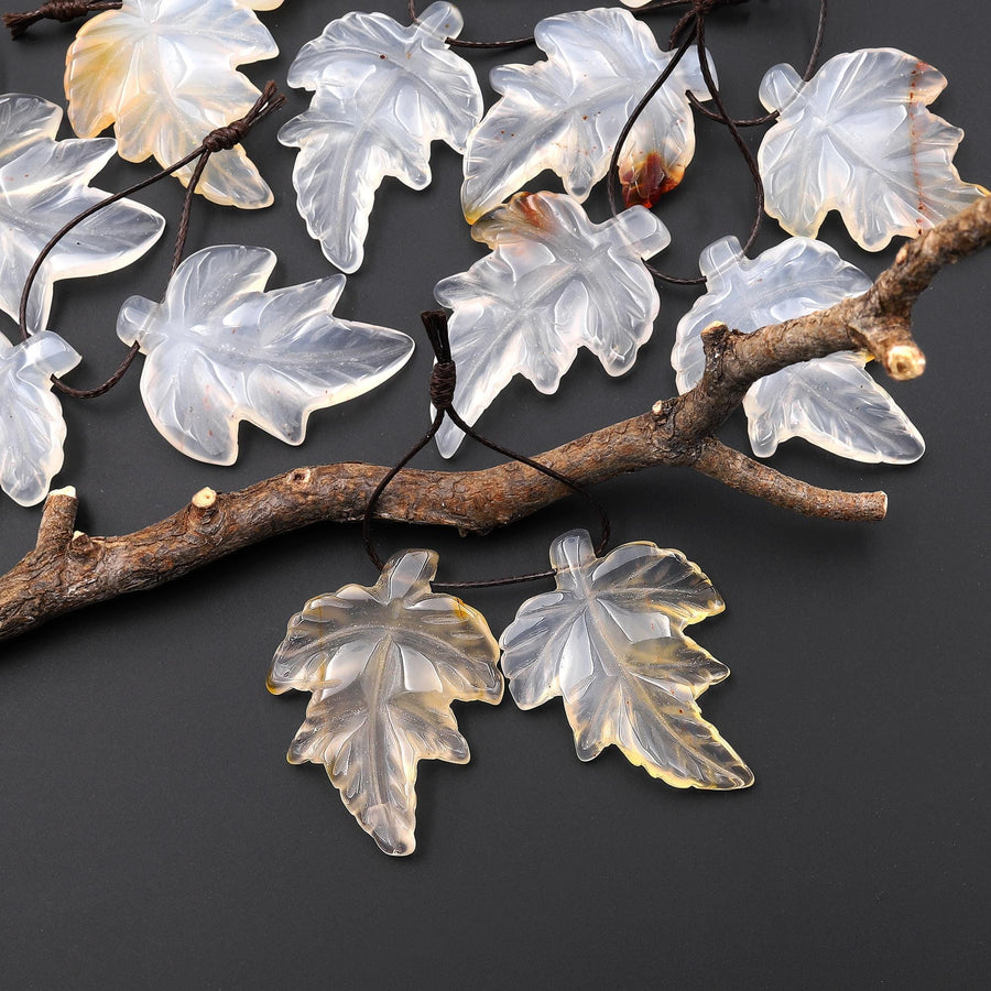 Hand Carved Natural Creamy White Carnelian Maple Leaf Earring Pair Drilled Gemstone Matched Beads A4