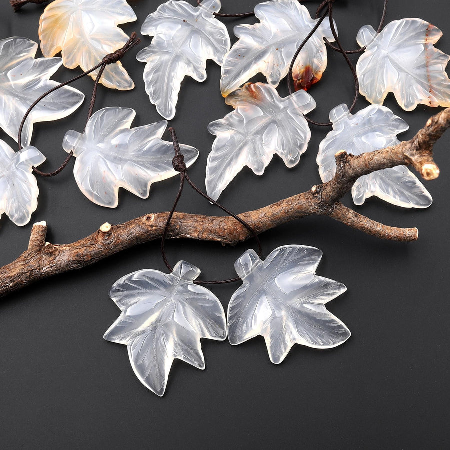 Hand Carved Natural Creamy White Carnelian Maple Leaf Earring Pair Drilled Gemstone Matched Beads A7